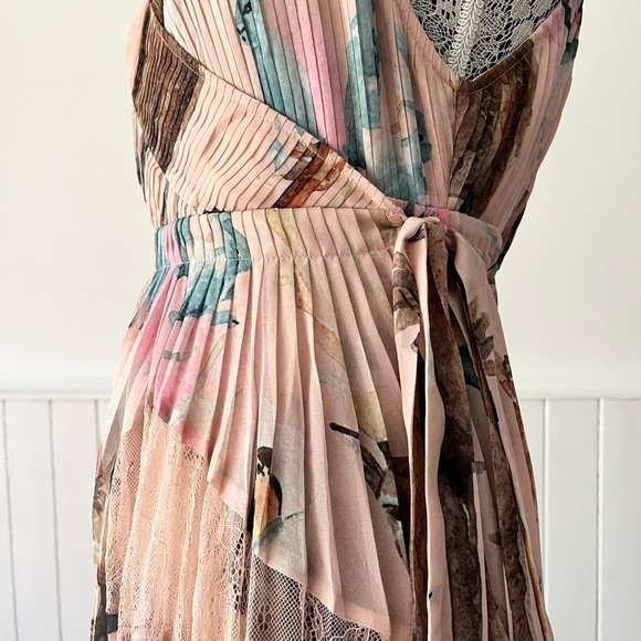 Pastel Chiffon Lace Patchwork Pleated Wrap Dress Size L - Picture 6 of 15